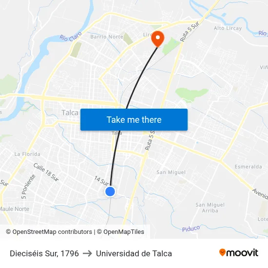 Dieciséis Sur, 1796 to Universidad de Talca map
