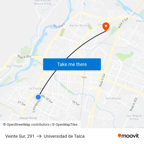 Veinte Sur, 291 to Universidad de Talca map