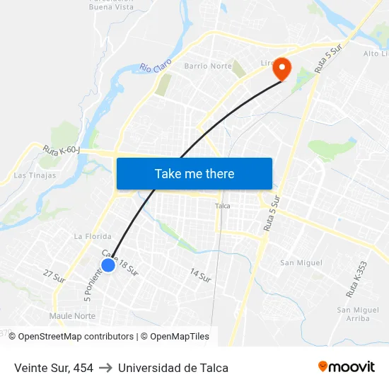 Veinte Sur, 454 to Universidad de Talca map