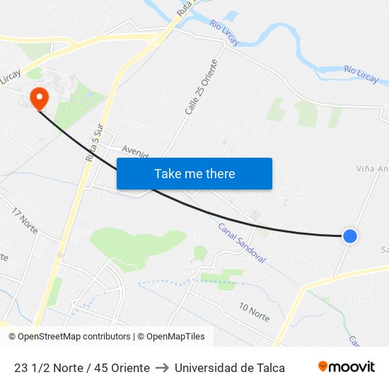 23 1/2 Norte / 45 Oriente to Universidad de Talca map