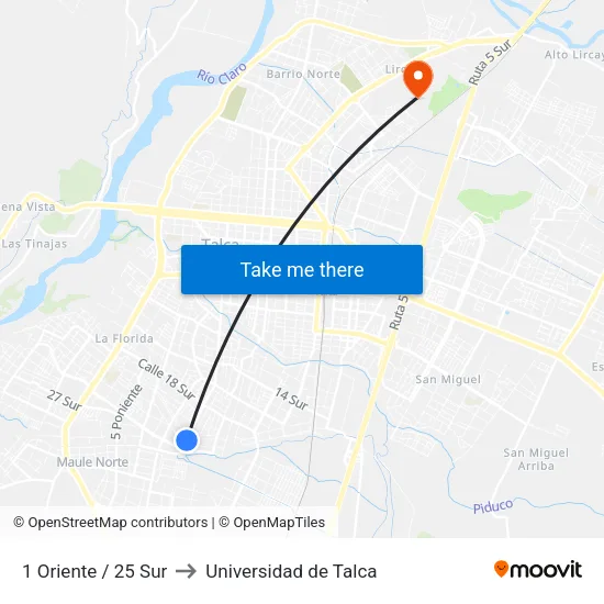 1 Oriente / 25 Sur to Universidad de Talca map