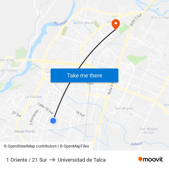 1 Oriente / 21 Sur to Universidad de Talca map