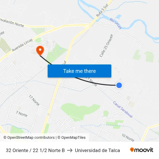 32 Oriente / 22 1/2 Norte B to Universidad de Talca map