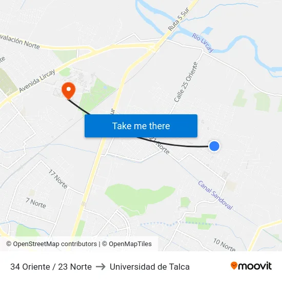 34 Oriente / 23 Norte to Universidad de Talca map