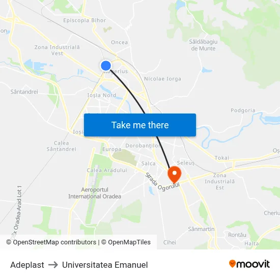 Adeplast to Universitatea Emanuel map