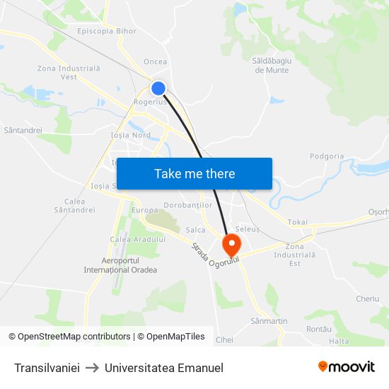 Transilvaniei to Universitatea Emanuel map