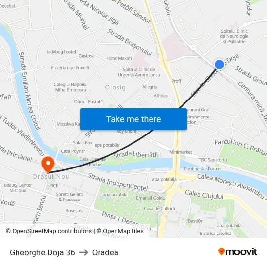 Gheorghe Doja 36 to Oradea map