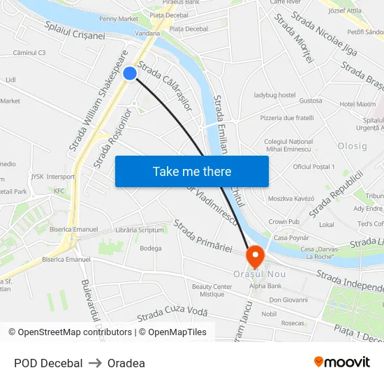 POD Decebal to Oradea map