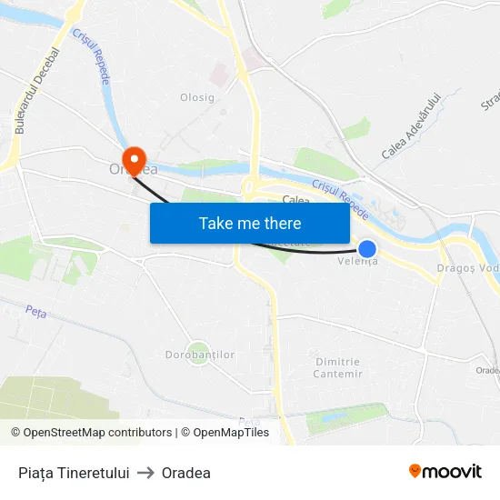 Piața Tineretului to Oradea map