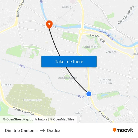 Dimitrie Cantemir to Oradea map