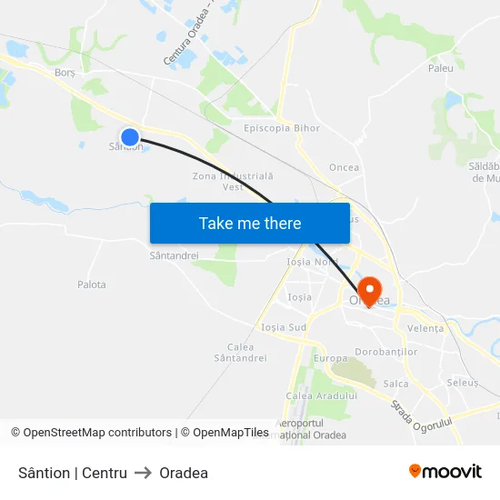 Sântion | Centru to Oradea map