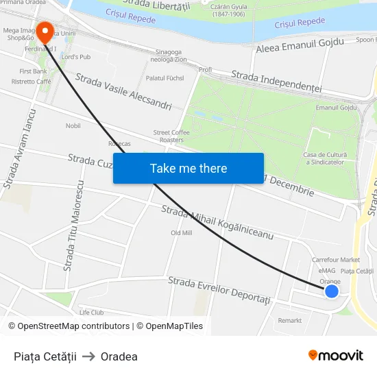 Piața Cetății to Oradea map