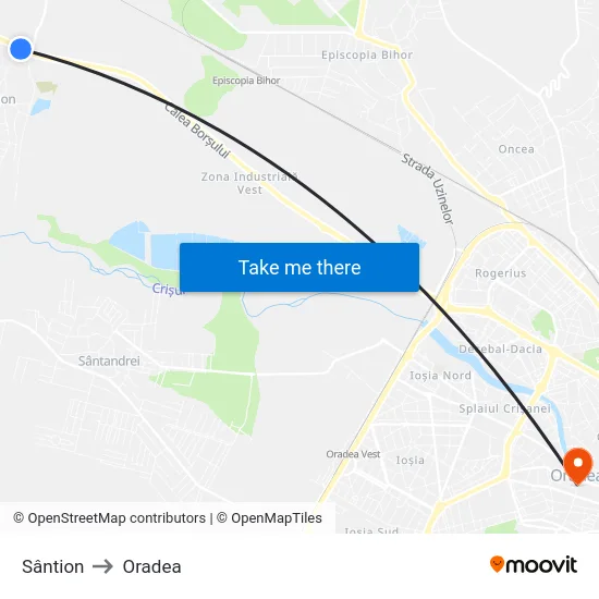 Sântion to Oradea map
