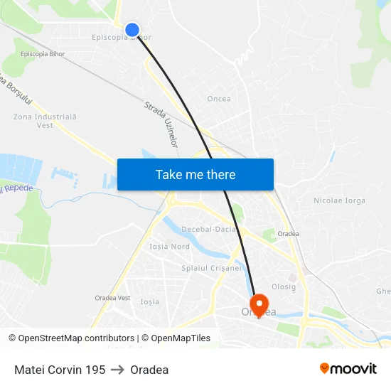 Matei Corvin 195 to Oradea map