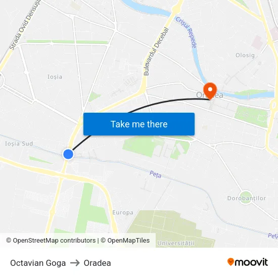 Octavian Goga to Oradea map