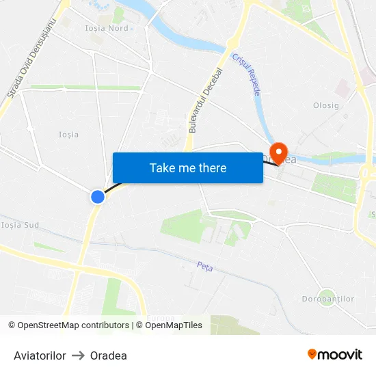 Aviatorilor to Oradea map