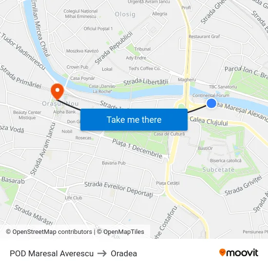 POD Maresal Averescu to Oradea map