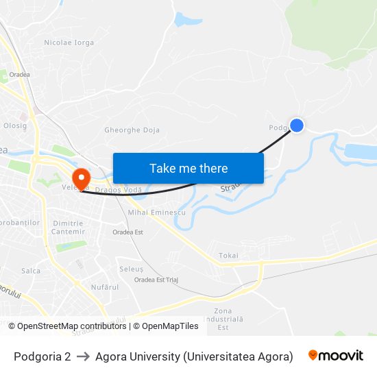 Podgoria 2 to Agora University (Universitatea Agora) map