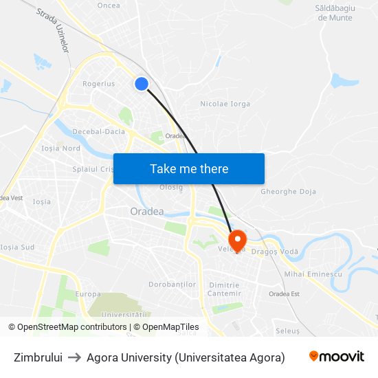 Zimbrului to Agora University (Universitatea Agora) map