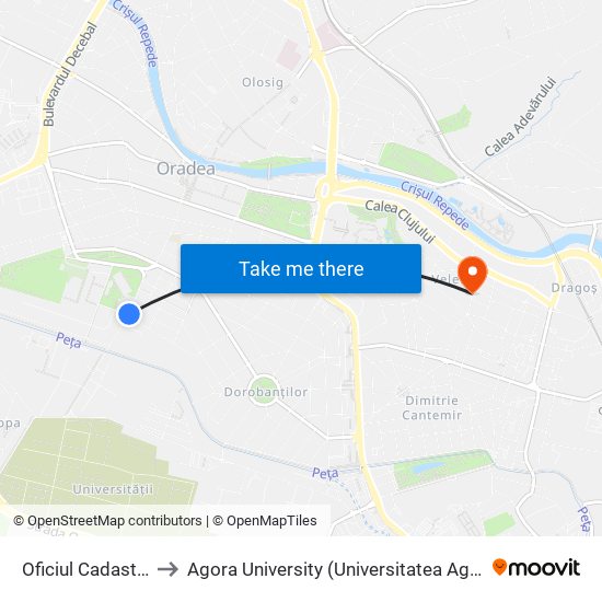 Oficiul Cadastral to Agora University (Universitatea Agora) map