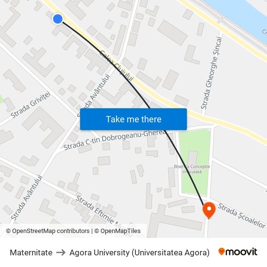 Maternitate to Agora University (Universitatea Agora) map