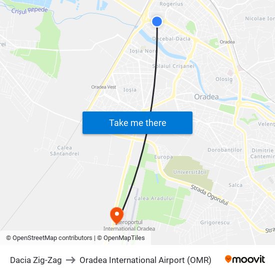 Dacia Zig-Zag to Oradea International Airport (OMR) map