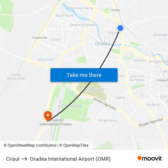 Crișul to Oradea International Airport (OMR) map