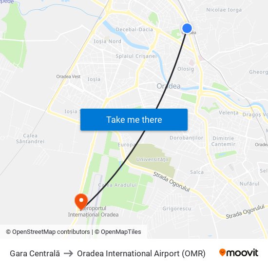 Gara Centrală to Oradea International Airport (OMR) map