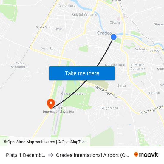 Piața 1 Decembrie to Oradea International Airport (OMR) map