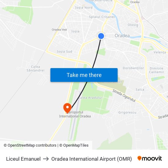 Liceul Emanuel to Oradea International Airport (OMR) map