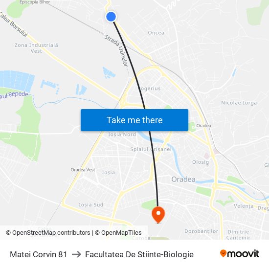 Matei Corvin 81 to Facultatea De Stiinte-Biologie map