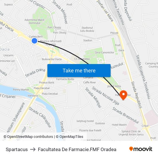 Spartacus to Facultatea  De Farmacie.FMF Oradea map