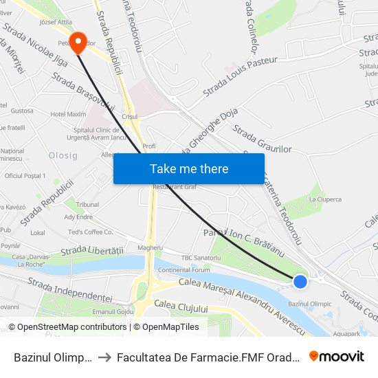 Bazinul Olimpic to Facultatea  De Farmacie.FMF Oradea map