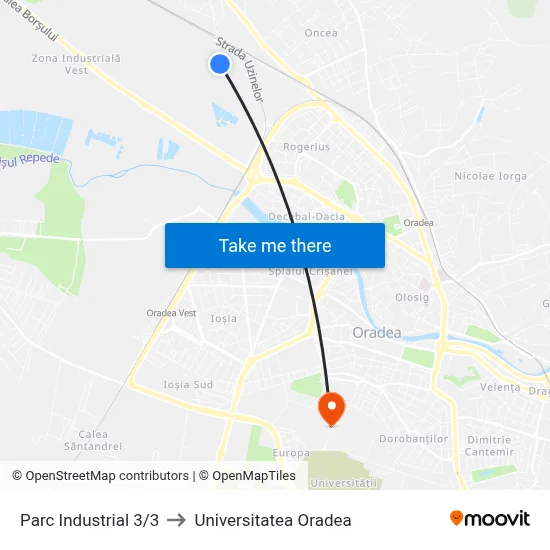 Parc Industrial 3/3 to Universitatea Oradea map