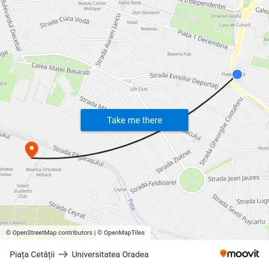 Piața Cetății to Universitatea Oradea map