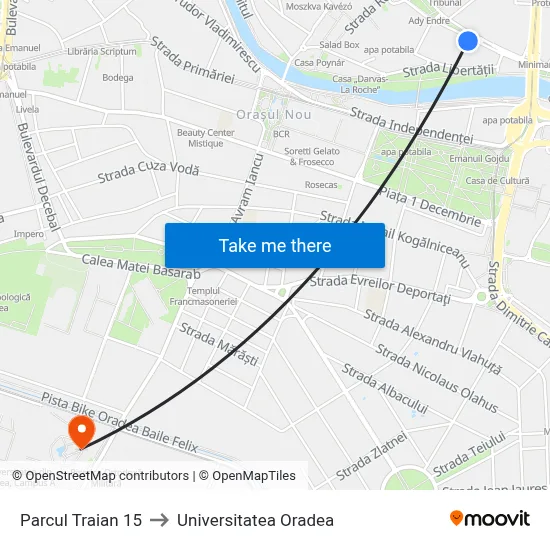 Parcul Traian 15 to Universitatea Oradea map