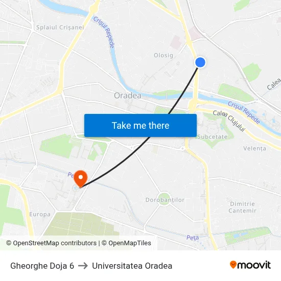 Gheorghe Doja 6 to Universitatea Oradea map