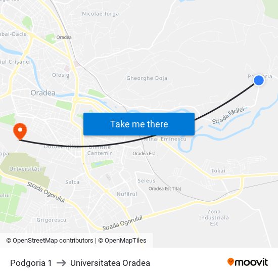 Podgoria 1 to Universitatea Oradea map