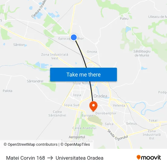 Matei Corvin 168 to Universitatea Oradea map