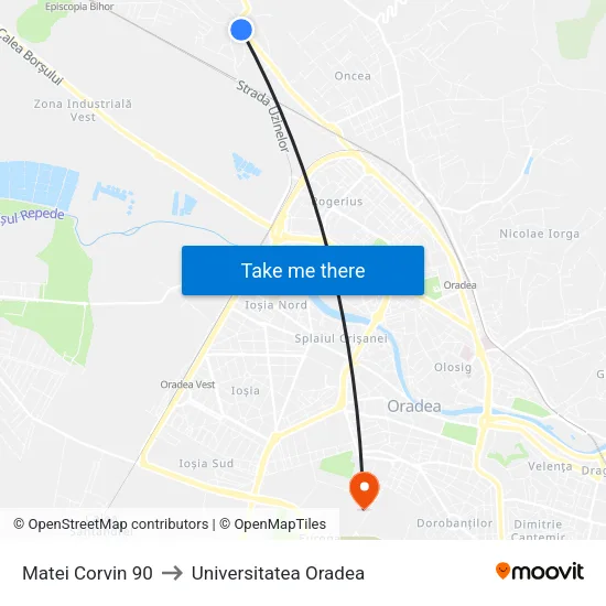 Matei Corvin 90 to Universitatea Oradea map