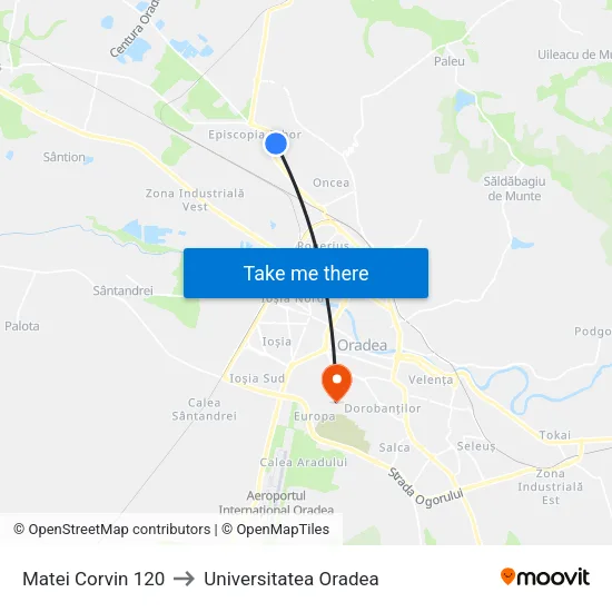 Matei Corvin 120 to Universitatea Oradea map