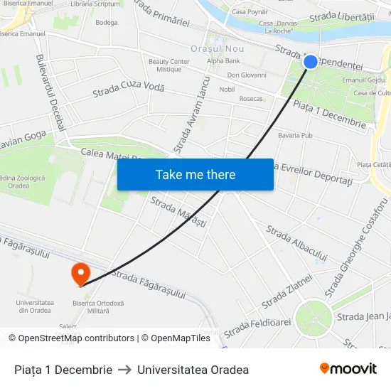 Piața 1 Decembrie to Universitatea Oradea map