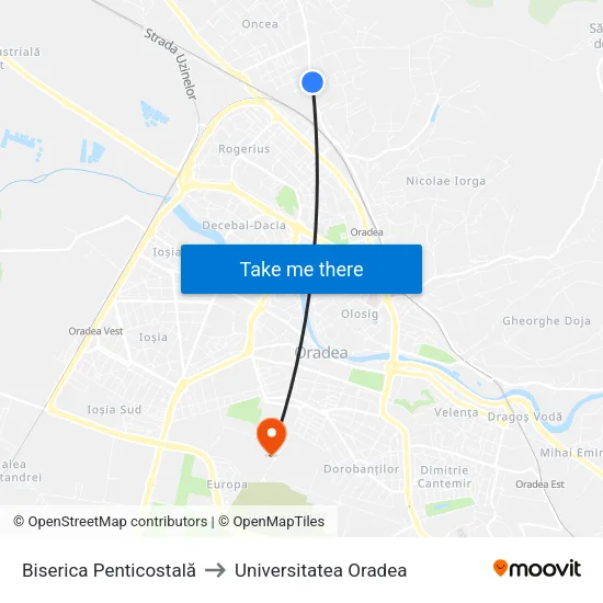Biserica Penticostală to Universitatea Oradea map