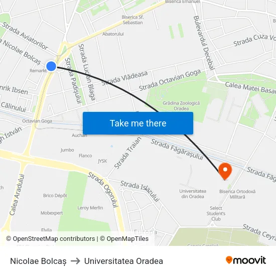 Nicolae Bolcaș to Universitatea Oradea map