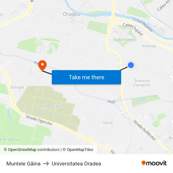 Muntele Găina to Universitatea Oradea map