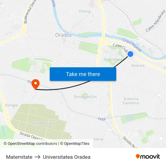 Maternitate to Universitatea Oradea map