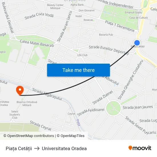 Piața Cetății to Universitatea Oradea map