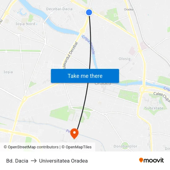 Bd. Dacia to Universitatea Oradea map