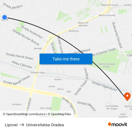 Lipovei to Universitatea Oradea map