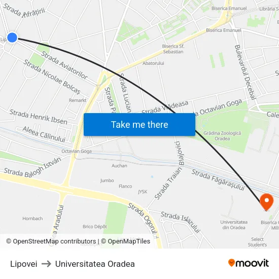 Lipovei to Universitatea Oradea map